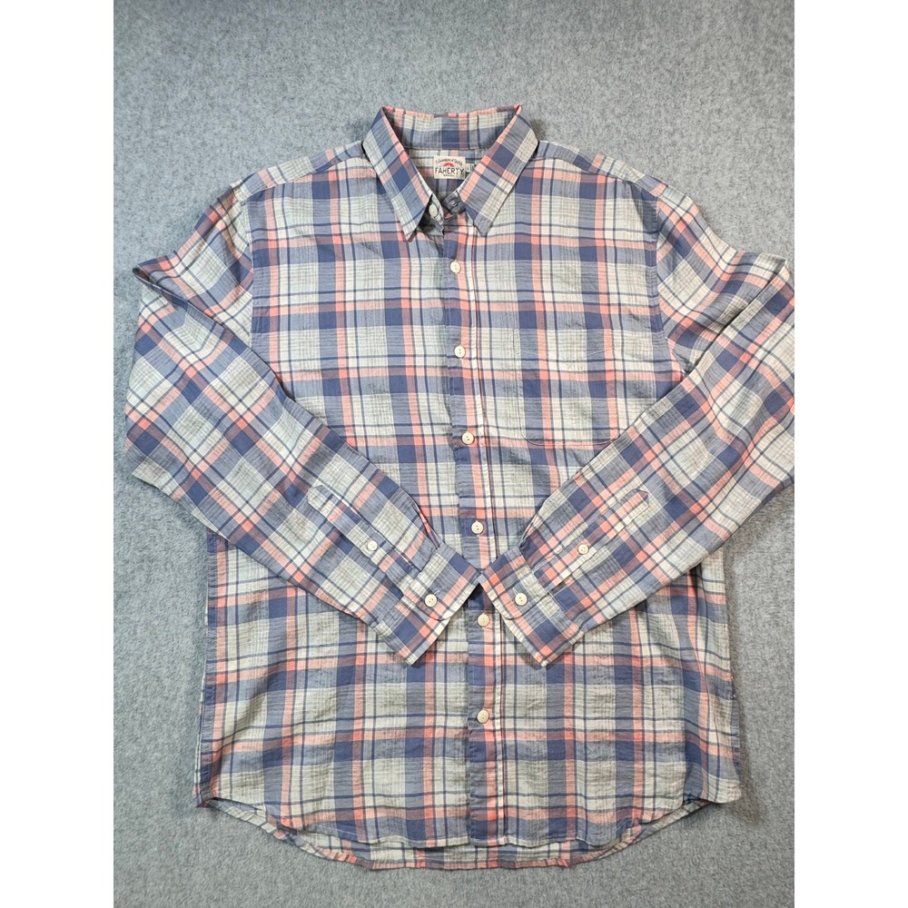 Faherty Brand Mens Large Blue Coral Plaid Cotton Button Down Shirt Long Sleeve